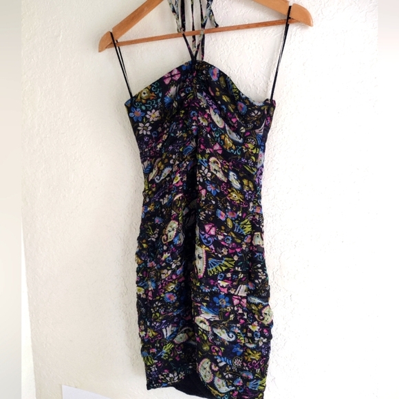 ZARA black paisley ruched body con halter mini dress - Picture 6 of 11